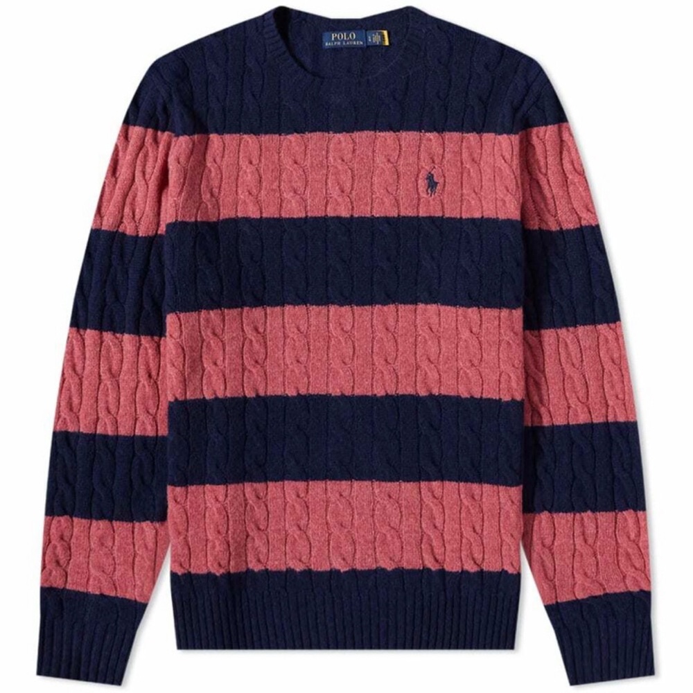 Polo Ralph Lauren Cable Knit Pink and Blue Striped Cashmere Blend Sweater